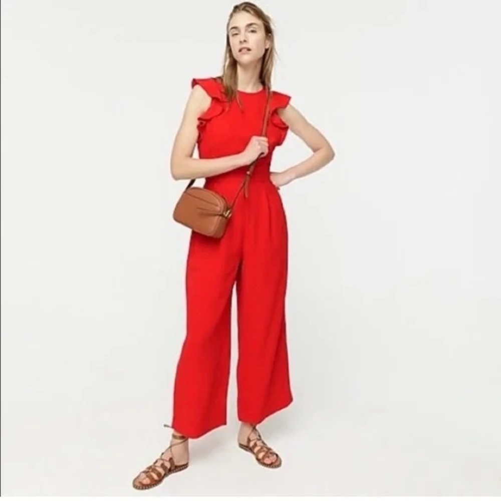 J Crew Jumpsuit Red Ruffle Short Sleeve Wide Leg Open Back, Size 4